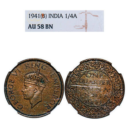 George VI, Bronze, Quarter Anna, 1941, Bombay Mint, Head Type II, Dot. F. Prid 693. GK 142