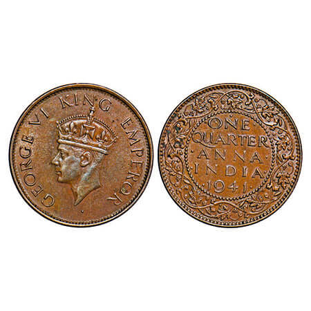 George VI, Bronze, Quarter Anna, 1941, Bombay Mint, Head Type II, Dot. F. Prid 693. GK 142
