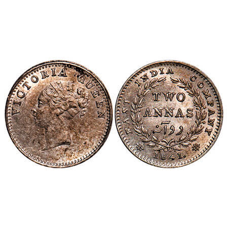 Victoria Queen, Silver, 2 Annas, 1841, CL, Calcutta Mint, A/I, Plain edge, Wreath with 16 
