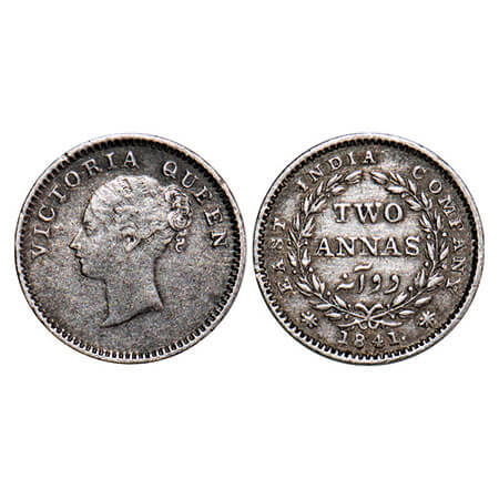 Victoria Queen, Silver, 2 Annas, 1841, CL, Madras Mint, A(a)/I, ‘S’ incused, Plain edge. F