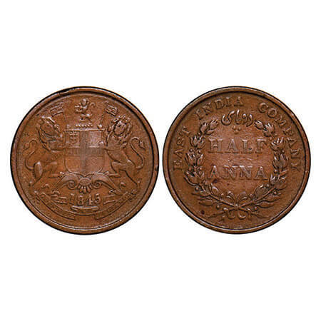 Victoria Queen, Copper, Half Anna, 1845, Calcutta Mint, Obv ‘B’, Wreath with 19 Berries (1