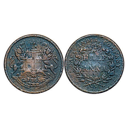 Victoria Queen, Copper, Half Anna, 1845, Calcutta Mint, Obv ‘B’, Cross bar of numeral ‘4’ 