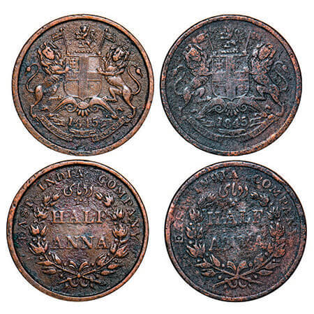 Victoria Queen, Copper, Half Anna, (2 coins), 1845, Calcutta Mint, Obv ‘B’, Cross bar of n