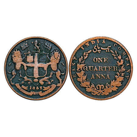 Victoria Queen, Copper, Quarter Anna, 1857, R. Heaton & Sons, Birmingham Mint, Single leaf