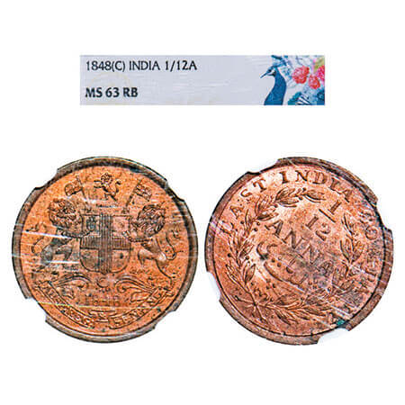 Victoria Queen, Copper, 1/12 Anna, 1848, Calcutta Mint, Wreath with 23 Berries (13L + 10R)