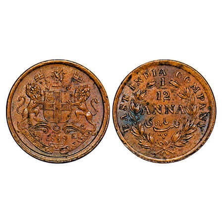 Victoria Queen, Copper, 1/12 Anna, 1848, Calcutta Mint, Wreath with 23 Berries (13L + 10R)