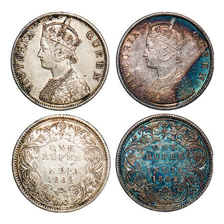 Victoria Queen, Silver, Rupee, (2 coins), 1862, Calcutta Mint, B/III, Embroidery in high r