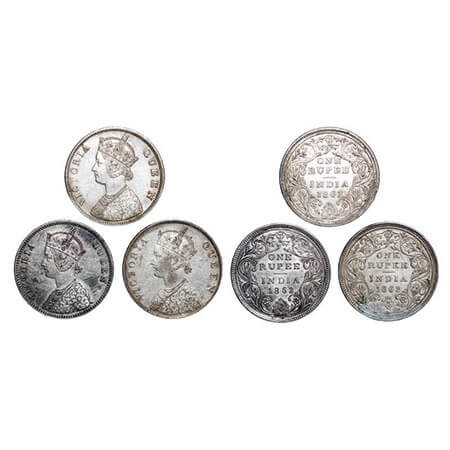 Victoria Queen, Silver, Rupee, (3 coins), 1862, 1) Calcutta Mint, A/II(iii), with initial 