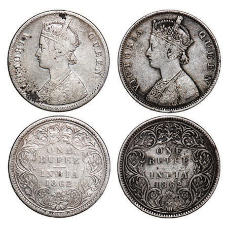 Victoria Queen, Silver, Rupee, (2 coins), 1862, 1) Calcutta Mint, A/III, w/o initial ‘J’, 