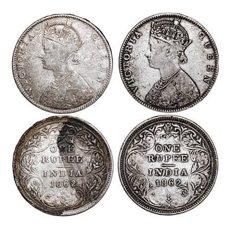 Victoria Queen, Silver, Rupee, (2 coins), 1862, Bombay Mint, 1) D/II/0/0, Flower above ‘E’
