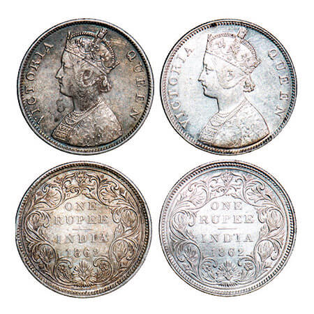 Victoria Queen, Silver, Rupee, (2 coins), 1862, Bombay Mint, 1) B/II/1/0, 2) B/II/2/0. F. 
