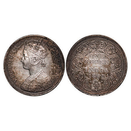 Victoria Queen, Silver, Rupee, 1862, Bombay Mint, B/II/2/0F. F. Prid 71. GK 287. About Unc
