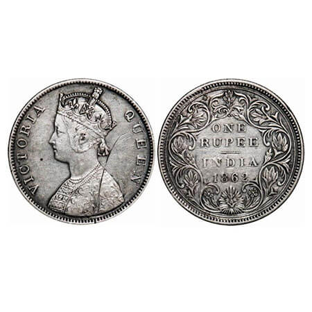 Victoria Queen, Silver, Rupee, 1862, Bombay Mint, B/II/3/0, Second dot is merged with firs