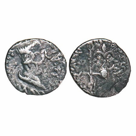 Satavahanas, Gautamiputra Satakarni, (c. 60-84 AD) overstriking on Nahapana, Silver Dramma