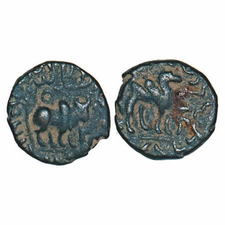 Kushanas, Vima Takha (c. 1 Cen AD), Bronze unit, 3.70g, 16.50x15.80 mm, Obv: Humped bull t