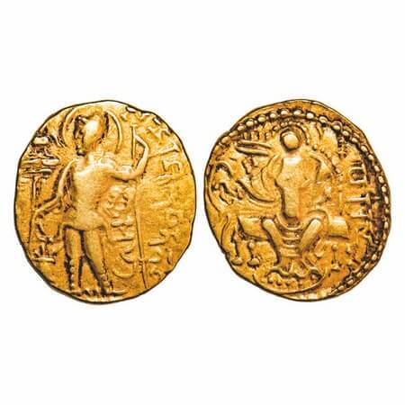 Guptas, Samudragupta (335-380 AD), Javelin type, Gold Dinar, 7.55g, 21.94x19.62mm, Obv: Ki