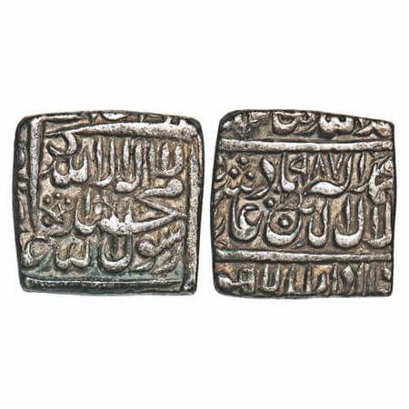 Akbar, Silver Square Rupee, 11.24g, Lahore Mint with epithet Dar al-Sultanat, Kalima type,