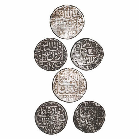 Shah Jahan, Silver Rupees (3 Coins), Surat Mint, Square area type, 1) AH 1058/21 (Retrogra