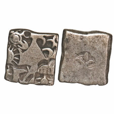 Mauryan Empire, Punch Marked, (c. 4-3 Cen BC), Silver Karshapana, 3.29g, 14.46x12.43mm, Ob