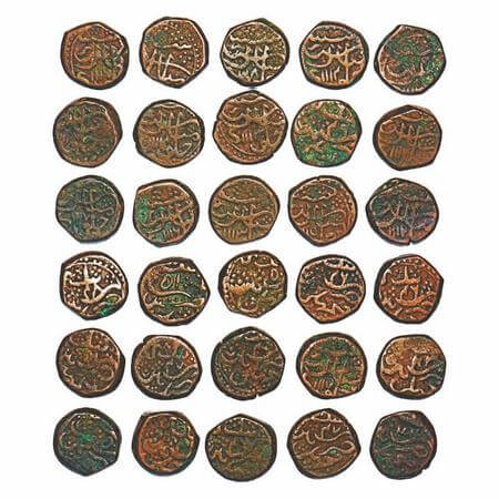 Aurangzeb, Copper Paisa (15 Coins), Macchlipattan Mint, AH 1111/43, 1112/44, 1113/45, 1113