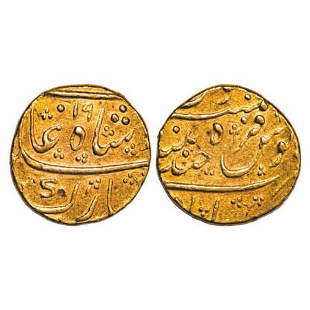 Muhammad Shah, Gold Mohur, 10.9g, Farkhanda bunyad Hyderabad Mint, RY 19 on obverse, could