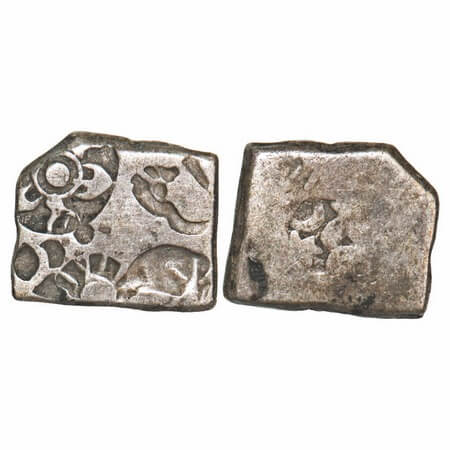 Mauryan Empire, Punch Marked, (c. 4-3 Cen BC), Silver Karshapana, 3.34g, 12.63x14.86mm, Ob