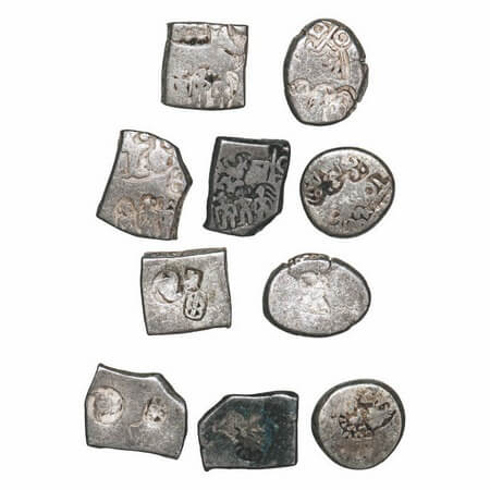 Mauryan Empire, Punch Marked, (c. 4-3 Cen BC), (Lot of 5 coins), Silver Karshapana, Obv: P
