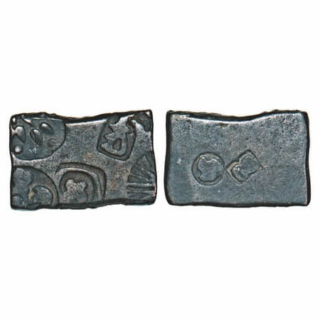 Mauryan Empire, Punch Marked, (c. 4-3 Cen BC), Billon Karshapana, 3.25g, 11.35x16.67 mm, O
