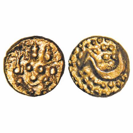 Mysore, Gold Fanam, 0.38g, Haider Ali (AH 1174-1197 / 1761-1782 AD), Obv: Shiva and Parvat