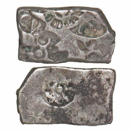 Mauryan Empire, Punch Marked, (c. 4-3 Cen BC), Silver Karshapana, 3.32g, 10.73x17.83 mm, O
