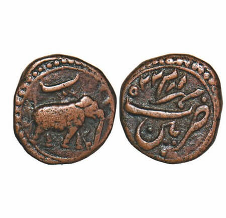Mysore, Tipu Sultan, Copper 1/2 Paisa/Bahram, 5.57g, Patan Mint, Persian 'Be' on elephant 