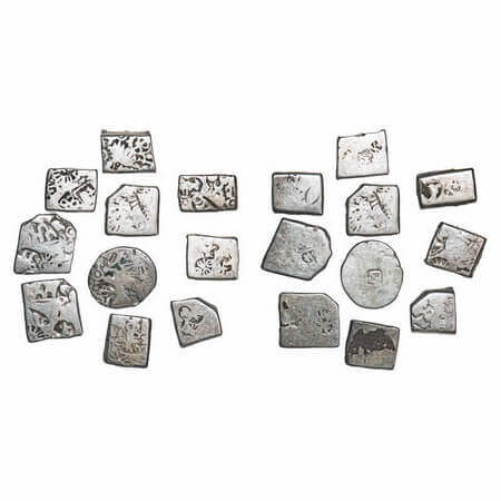 Mauryan Empire, Punch Marked, (3 Cen BCE), (lot of 10 coins), Silver Karshapanas, Obv: Pun