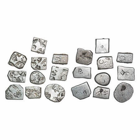 Mauryan Empire, Punch Marked, (3 Cen BCE), (lot of 10 coins) Silver Karshapanas, Obv: Punc