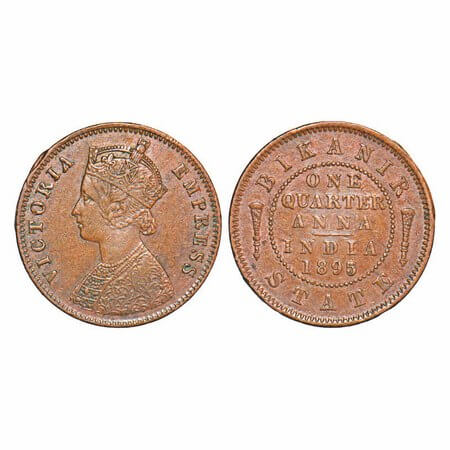 Bikanir, Copper ¼ Anna, 6.54g, Ganga Singh (VS 1944-1999 / 1887-1942 AD), 1895 AD, with th