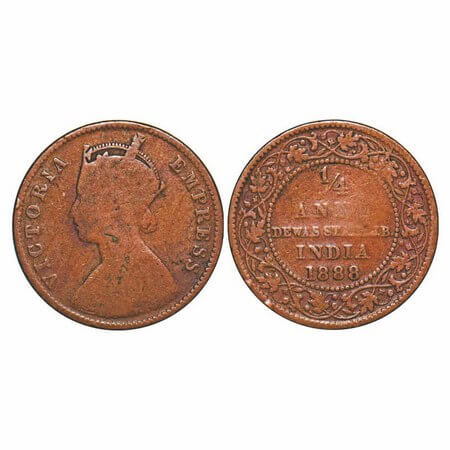 Dewas Junior, Copper ¼ Anna, 6.11g, Narayan Rao (1864-1892 AD), 1888 AD, Crowned bust of V