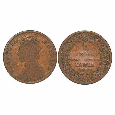Dewas Senior, Copper ¼ Anna, 5.87g, Narayan Rao (c. 1864-1892 AD), 1888 AD Crowned bust of