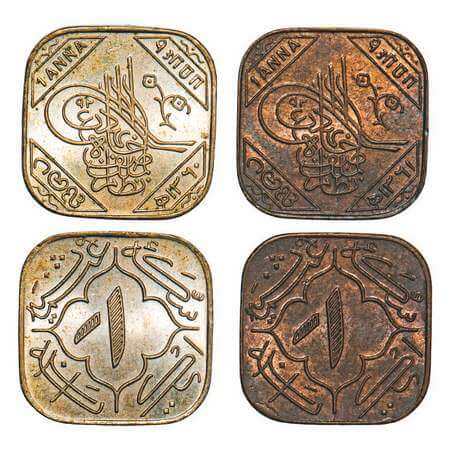 Hyderabad, Cu-Ni & Bronze Anna (2 Coins), 3.93,4.00g, Mir Usman Ali Khan, Farkhanda Bunyad
