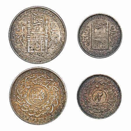 Hyderabad, Silver (2 Coins), Mir Usman Ali Khan, Farkhanda Bunyad Hyderabad Mint, 4 Annas 