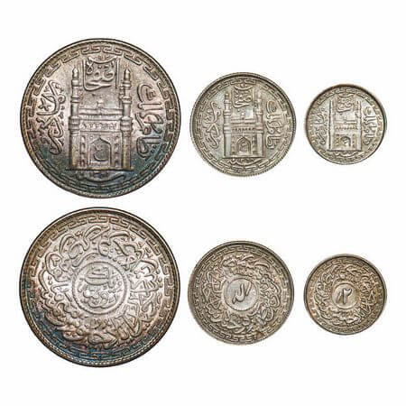 Hyderabad, Silver (3 Coins), Mir Usman Ali Khan, Farkhanda Bunyad Hyderabad Mint, Rupee AH