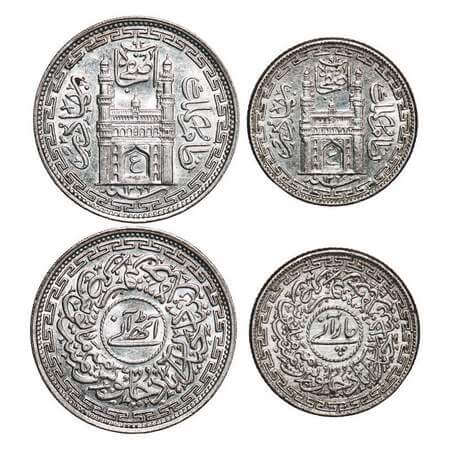 Hyderabad, Nickel (2 Coins), Mir Usman Ali Khan, Farkhanda Bunyad Hyderabad Mint, 4 Annas 