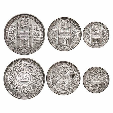 Hyderabad, Nickel (3 Coins), Mir Usman Ali Khan, Farkhanda Bunyad Hyderabad Mint, 2 Annas 