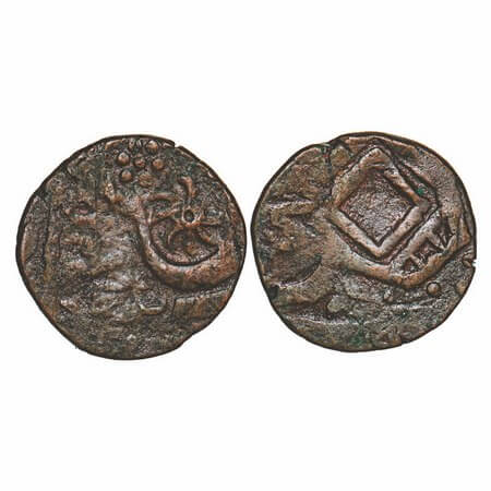 Indore, Copper ½ Anna, 15.60g, British Protectorate Issue, INO Shah Alam II, Pinwheel on o