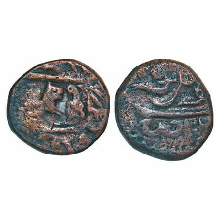 Indore, Copper 1/2 Anna, 13.81g, Vagh Rajas, (Mahidpur). Lion towards right in front of le