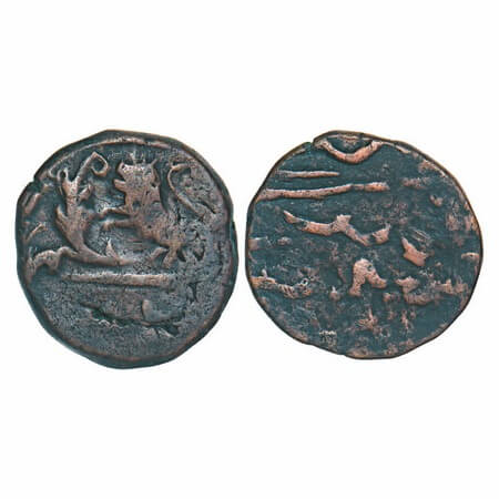 Indore, Copper 1/2 Anna, 13.78g, Vagh Rajas, (Mahidpur). Lion towards left in front of lea