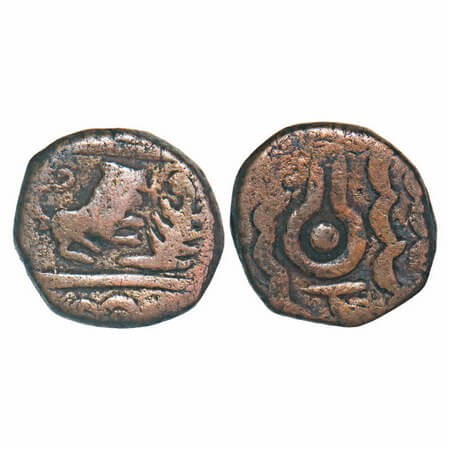 Indore, Copper 1/2 Anna, 13.60g, Vagh Rajas, (Mahidpur). Lion towards right in front of le