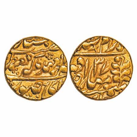Jaipur, Gold Mohur, 10.84g, Early Issue, Ram Singh (1835-1880 AD), INO Victoria Queen, Saw
