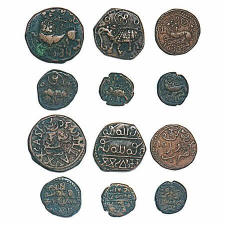 Mysore, Copper (6 coins), Krishna Raja Wodeyar, 1) 5 Cash No date type, KM C171b, 2) 5 Cas