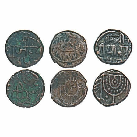 Partabgarh, Copper Paisa (3 Coins), 1) Udaya Singh, Obv: ornate face of mahadev with one e