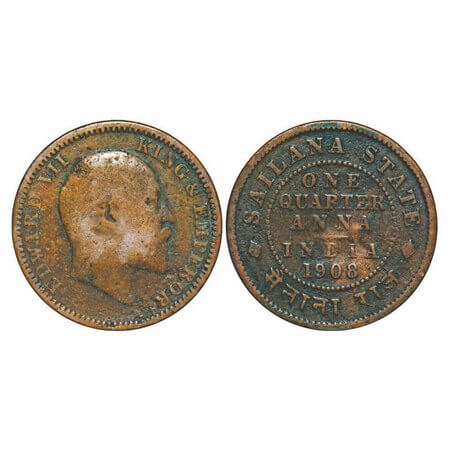 Sailana, Copper ¼ Anna, 4.51g, Jaswant Singh (1890-1919 AD), 1908 AD, bust of Edward VII o