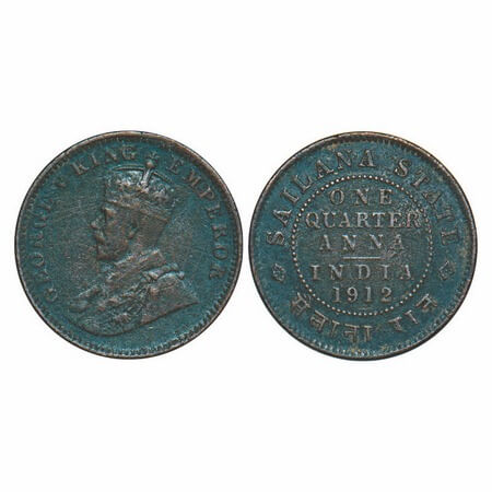 Sailana, Copper ¼ Anna, 4.63g, Jaswant Singh (1890-1919 AD), 1912 AD, bust of George V on 